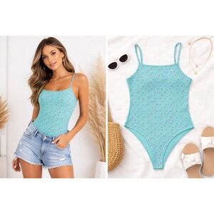 Wild Fable Aqua Floral High Neck Bodysuit XXL Blue Pink Spaghetti Strap NWT XXL